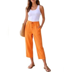 Talbots Linen Blend Drawstring Pants Melon Orange Cropped Straight Leg Sz 8 (Fit